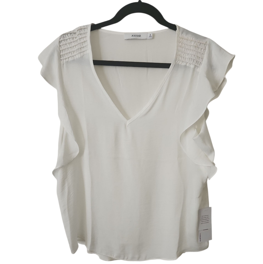 NWT JustFab Off-White Ruffle Cap Sleeve Front Detail Deep V-Neck Blouse Size S